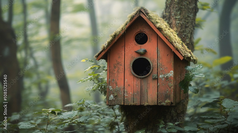 Rustic red birdhouse in mossy forest. Rustic red birdhouse in mossy forest.