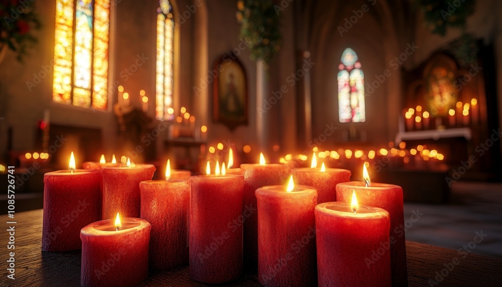 Burning Candles in the Church with Warm Glow Spiritual Ambiance Burning Candles in the Church with Warm Glow Spiritual Ambiance