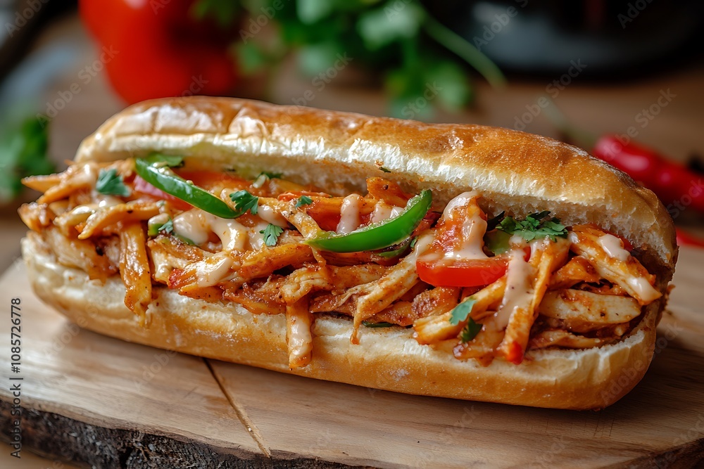 Fresh tasty fajita sandwich on wooden background