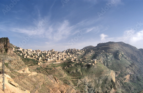 The village of Al Hajjarah on Jabal Haraz mountains in Yemen at sunset