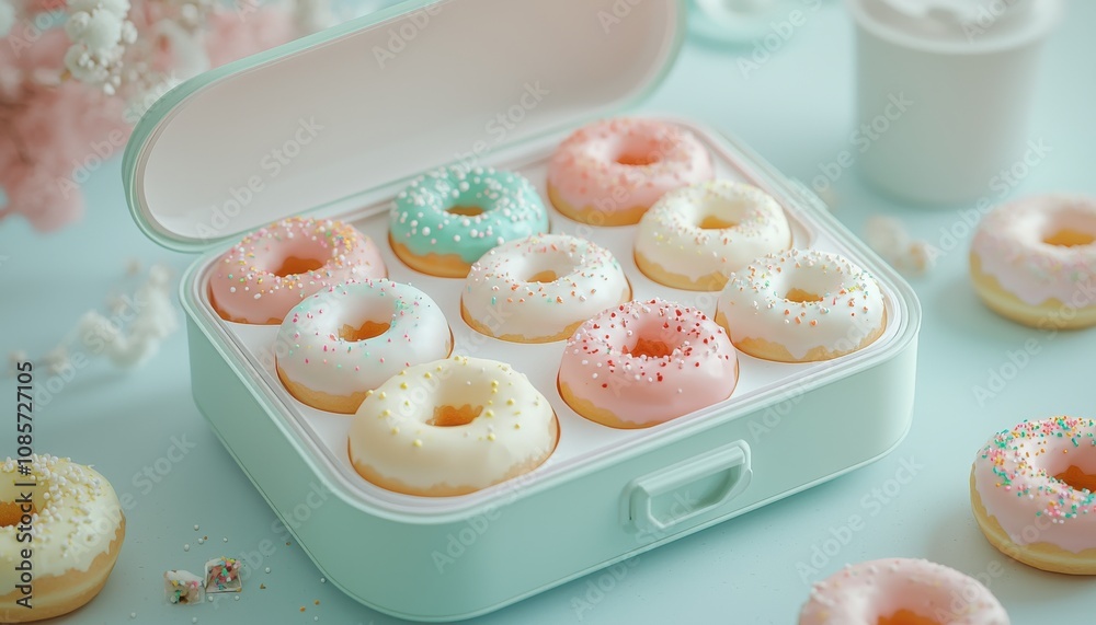 Colorful donuts in a stylish container on a pastel background. Colorful donuts in a stylish container on a pastel background.