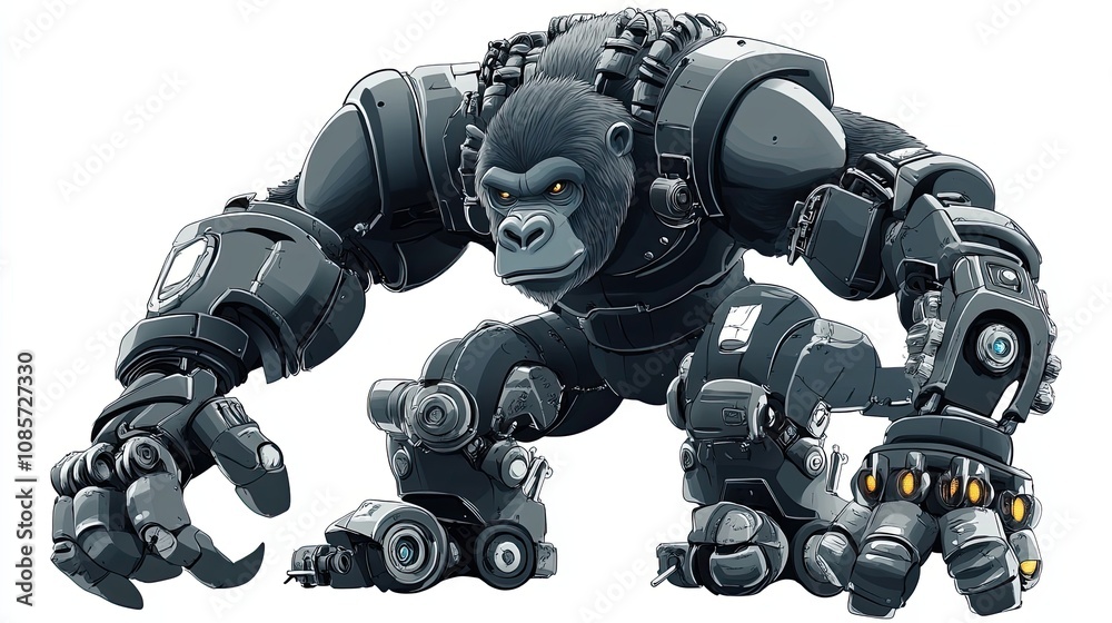 A Cyborg Gorilla in a Standing Pose with Powerful Mechanical Arms A Cyborg Gorilla in a Standing Pose with Powerful Mechanical Arms