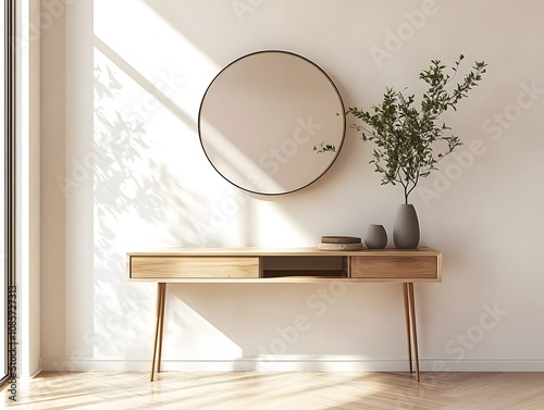 A modern entryway with a minimalist console table, a round mirror on the wall and small plant in a vase on the table. Generative AI image
