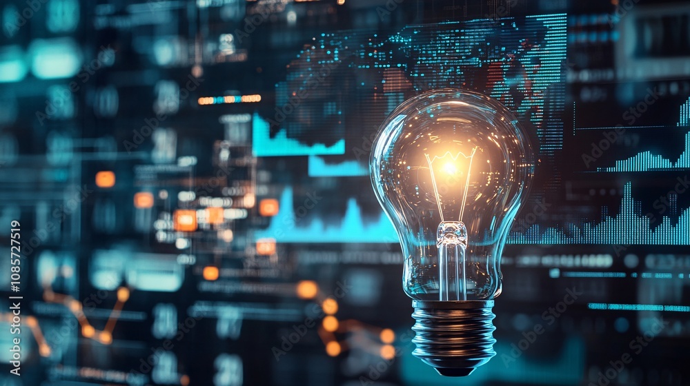 Light bulb illuminated against a backdrop of digital data and analytics, representing innovation, technology, and bright ideas in a modern business environment Light bulb illuminated against a backdrop of digital data and analytics, representing innovation, technology, and bright ideas in a modern business environment