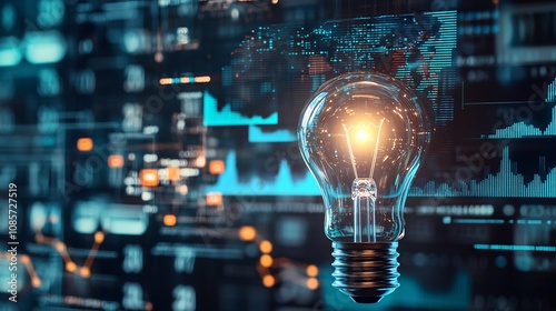 Light bulb illuminated against a backdrop of digital data and analytics, representing innovation, technology, and bright ideas in a modern business environment