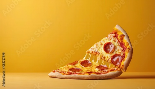 Delicious pepperoni pizza slice, melted cheese, vibrant yellow background, mouthwatering. photo