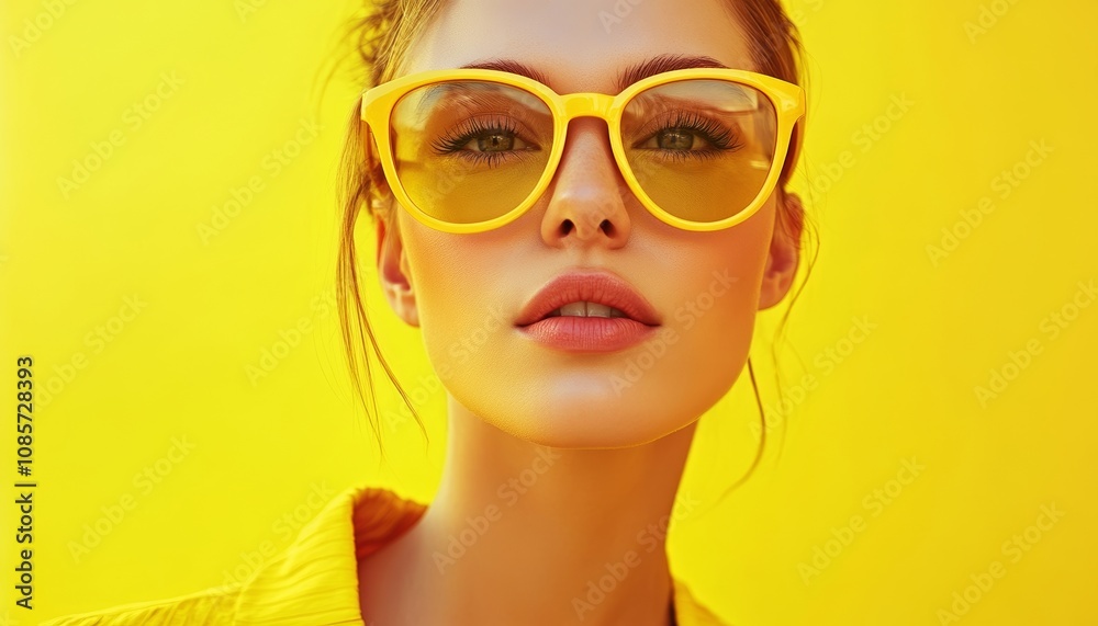Chic Woman in Yellow Sunglasses Against Bright Yellow Background Chic Woman in Yellow Sunglasses Against Bright Yellow Background
