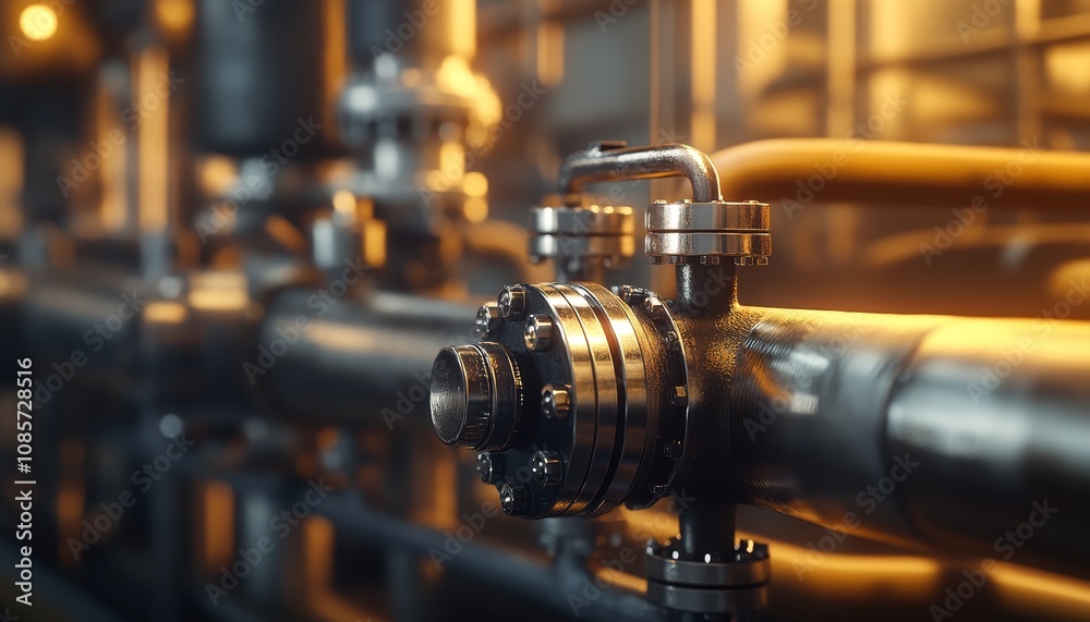 Fototapeta premium Cinematic close up of advanced industrial pipes and machinery in an oil production facility