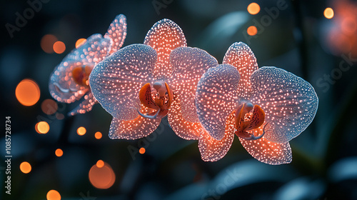 glowing translucent orchids bathed in neon blues and pinks symbolize beauty, transformation, and elegance, with vivid colors representing creativity, mystery, and emotional depth in nature’s art