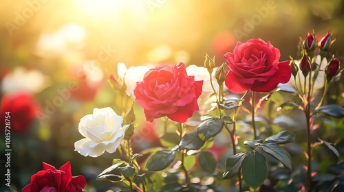 Red Rose Stems Hold White Blossoms in a Vibrant Garden with Soft Evening Sunlight