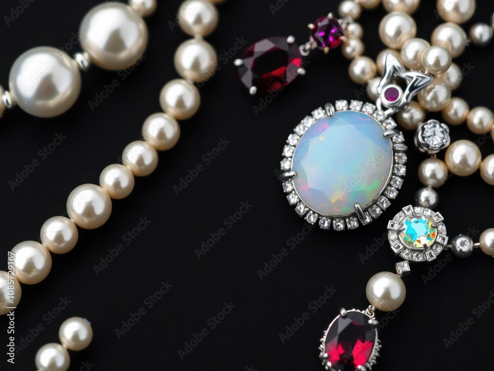 Assorted sparkling jewels on a sleek grey background, pearls, garnet, accessories Assorted sparkling jewels on a sleek grey background, pearls, garnet, accessories