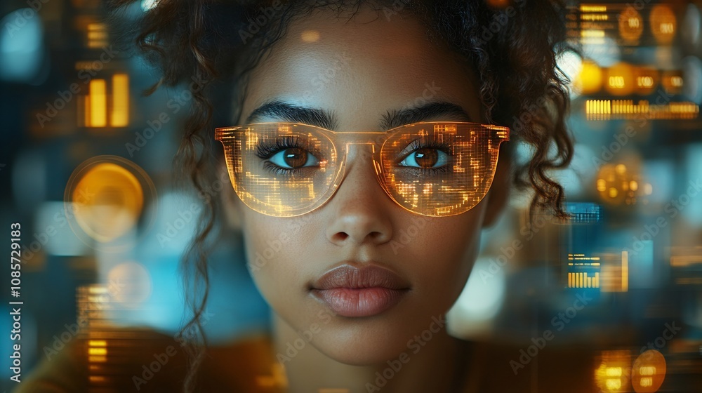 Businesswoman analyzing glowing visual data a transparent tablet surrounded by pie charts bar graphs and predictive analytical tools Businesswoman analyzing glowing visual data a transparent tablet surrounded by pie charts bar graphs and predictive analytical tools