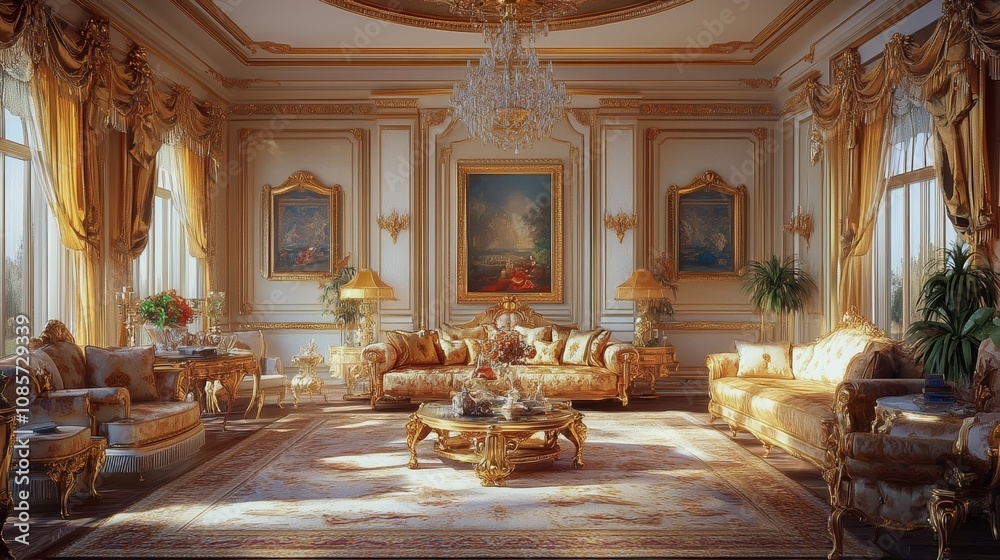 Luxurious Room Filled with Ornate Furniture and Large Windows Illuminating the Space Luxurious Room Filled with Ornate Furniture and Large Windows Illuminating the Space