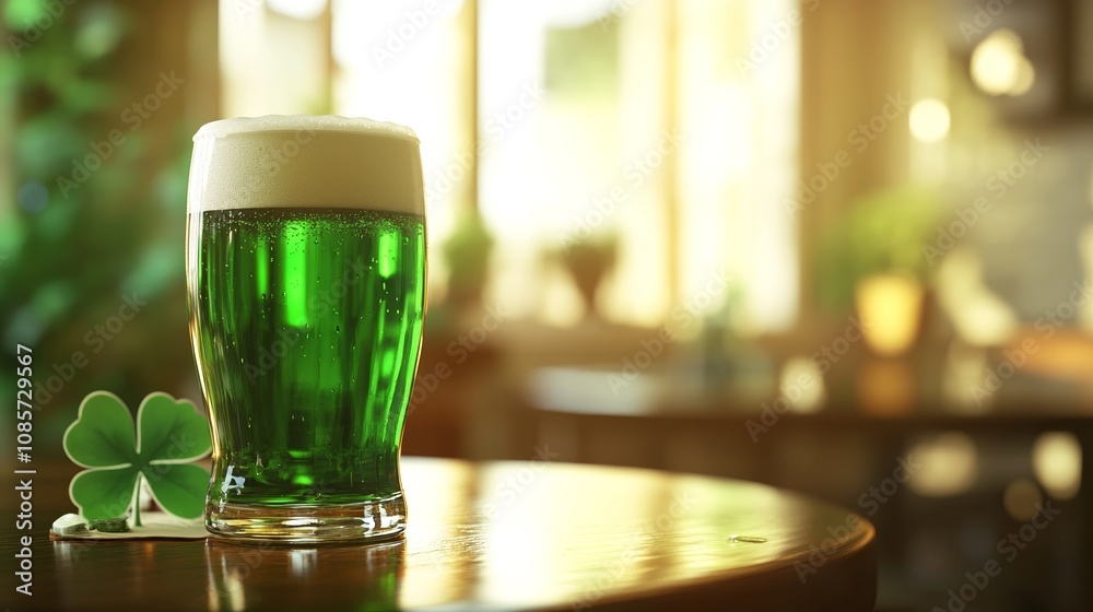 Glass of Green Beer on a Table with Shamrock Decoration in Festive Atmosphere Glass of Green Beer on a Table with Shamrock Decoration in Festive Atmosphere