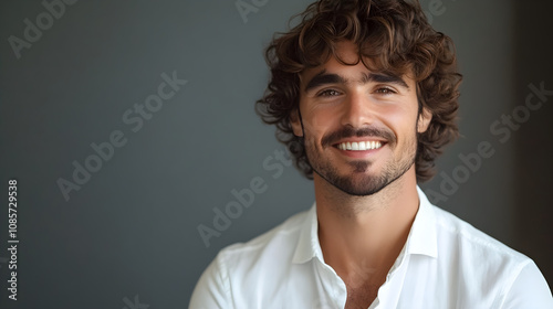 Smiling man with curly hair in white shirt, exuding warmth and confidence