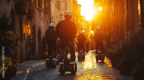 Tourists on Segways at sunset in a European city.