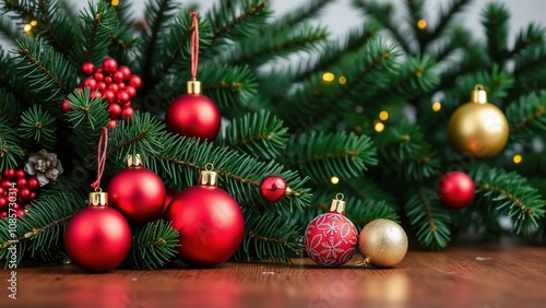 Festive holiday scene with red and gold christmas ornaments and pine branches.