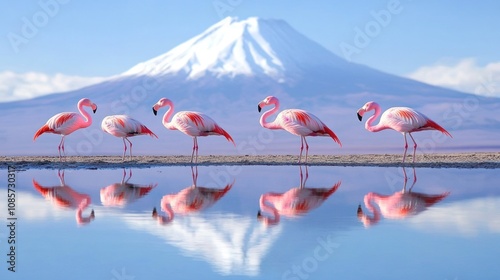 Snowy Licancabur volcano in Andes montains reflecting in the wate of Laguna Chaxa with Andean flamingos, Atacama salar landscape, Chile