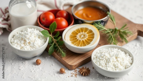 Rustic ingredients for homemade cooking with cottage cheese, fresh tomatoes, and herbs on a wooden board. photo