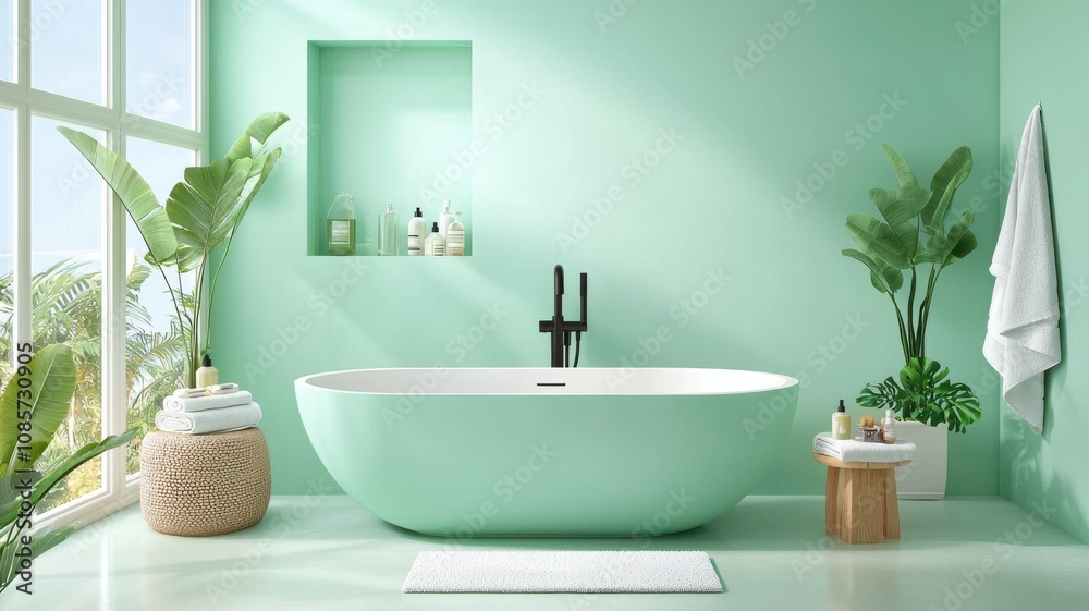 Fototapeta premium Stylish bathroom with a modern tub and refreshing mint green decor.
