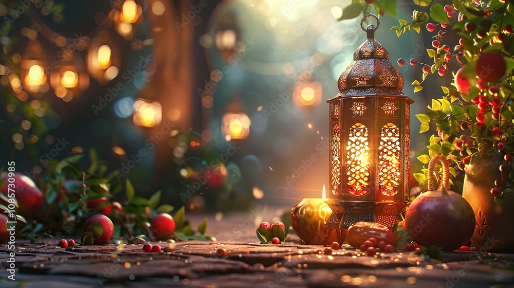 A lit lantern with intricate details sits on a table surrounded by red pomegranate fruit and other decorative elements in a mystical forest setting. A lit lantern with intricate details sits on a table surrounded by red pomegranate fruit and other decorative elements in a mystical forest setting.