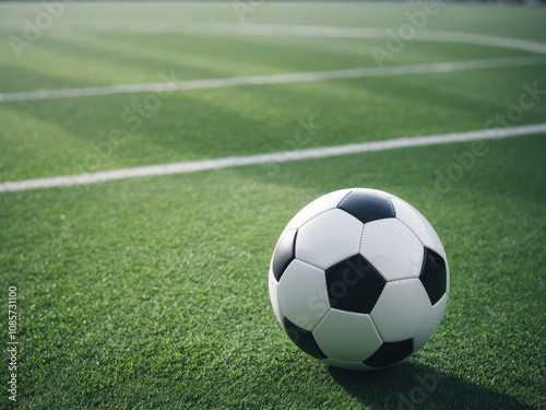 soccer ball sits on green grass of stadium field.