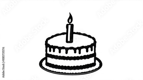 Birthday cake, burning candle, Happy First Birthday badge. Cake with a candle in the form of a number 1