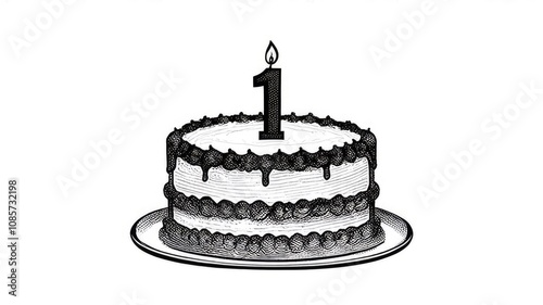Birthday cake, burning candle, Happy First Birthday badge. Cake with a candle in the form of a number 1