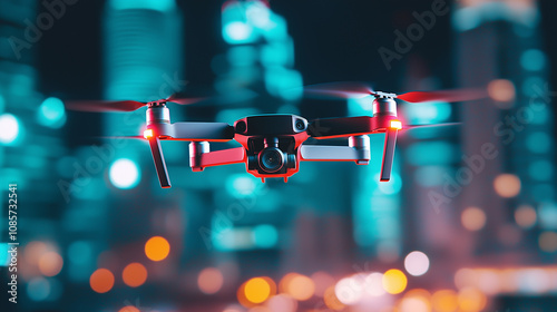 A close-up of a modern quadcopter drone with a camera hovering against a blurred urban background. Perfect for content on drone technology, aerial photography, and urban exploratio