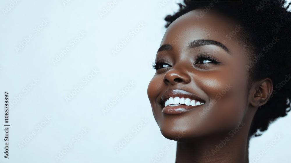 Photo of a black woman smiling with cleaning products, self care and cosmetics on a white background. Photo of a black woman smiling with cleaning products, self care and cosmetics on a white background.