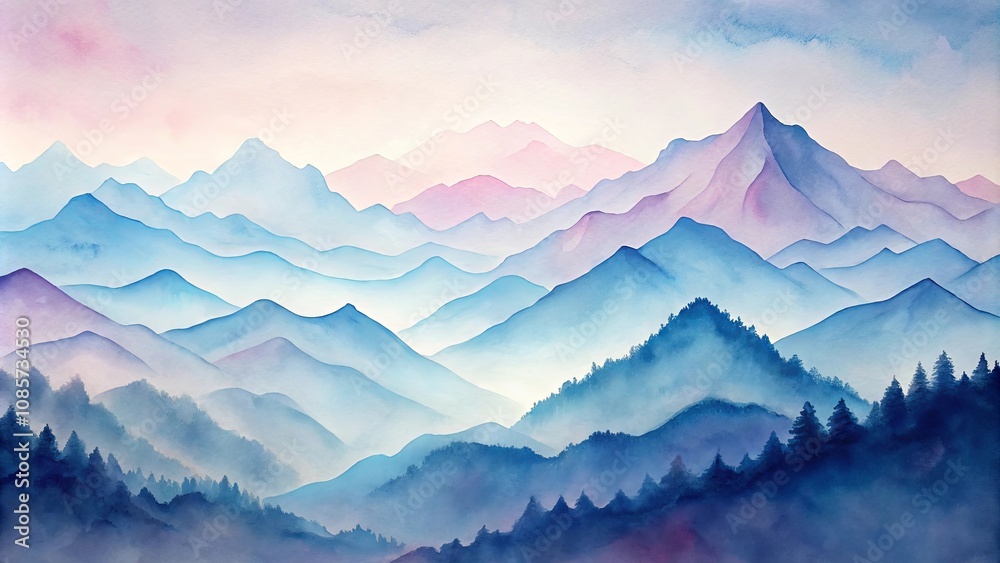 Obraz premium Serene Watercolor Landscape of Misty Mountains at Dawn