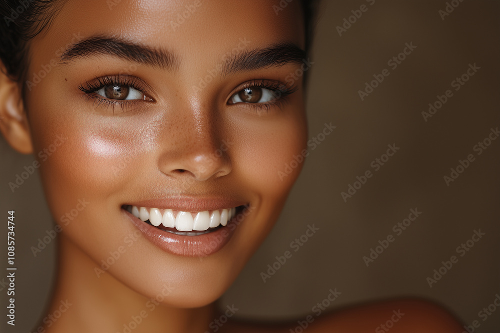 Close-up portrait of a young woman with a radiant, healthy smile and flawless skin, highlighting natural beauty and wellness.healthy teeth, radiant smile, natural makeup, beauty fa Close-up portrait of a young woman with a radiant, healthy smile and flawless skin, highlighting natural beauty and wellness.healthy teeth, radiant smile, natural makeup, beauty fa