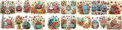 Wallpaper Mural Cartoon bugs and flowers. AI generated illustration Torontodigital.ca