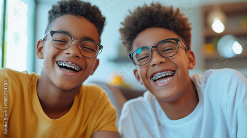 Best friends hanging out indoors, one with braces and the other with glasses, enjoying a fun moment together.best friends, hanging out, teenage boys, braces, glasses, joy, youth bo