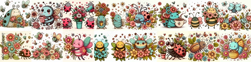 Fototapeta premium Cartoon bugs and flowers. AI generated illustration
