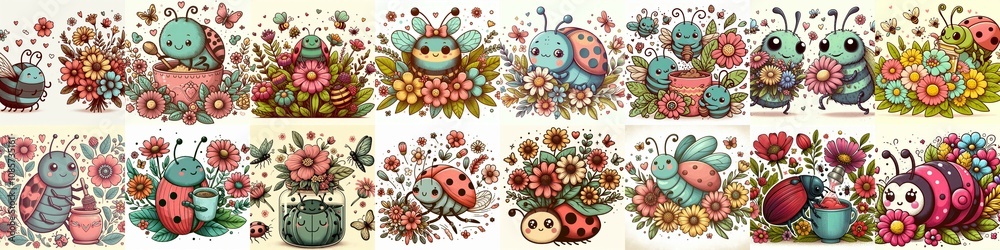 Obraz premium Cartoon bugs and flowers. AI generated illustration