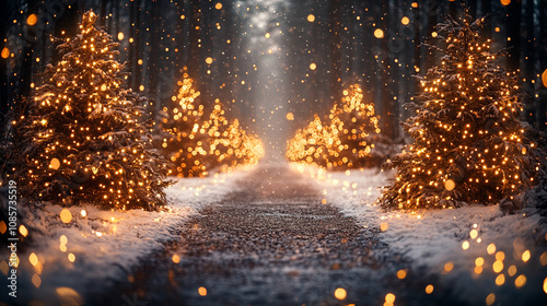 magical forest filled with Christmas trees adorned with glowing lights. The scene evokes warmth, holiday spirit, and wonder, symbolizing hope, peace, and the enchantment of the festive season