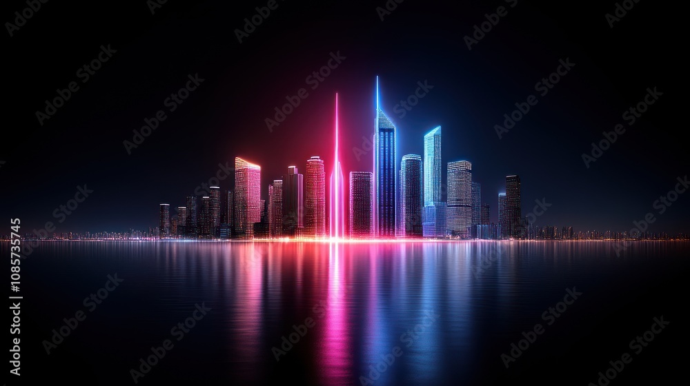 Futuristic city skyline with vibrant neon lights reflecting in water. Futuristic city skyline with vibrant neon lights reflecting in water.