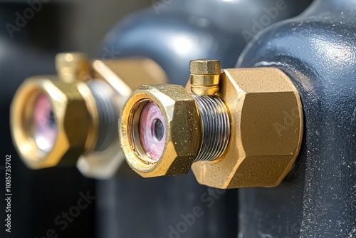 Industrial Gas Cylinder Valves Close up Detail Brass Fittings Metal Tanks Compressed G photo