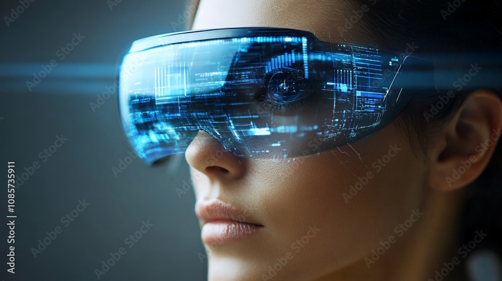 Woman wearing futuristic augmented reality glasses, digital overlay. Woman wearing futuristic augmented reality glasses, digital overlay.
