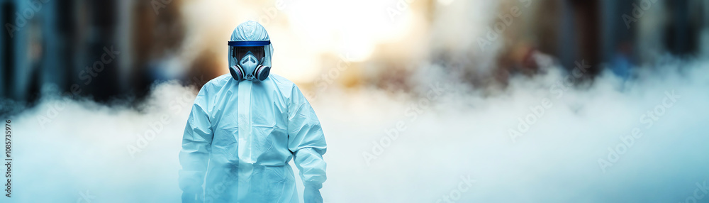 Healthcare worker in protective gear stands amidst foggy urban environment, symbolizing resilience and hope. Healthcare worker in protective gear stands amidst foggy urban environment, symbolizing resilience and hope.