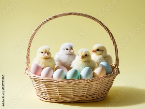 Group of cute chicks sitting in a basket full of colorful pastel eggs on a yellow background with copy space.