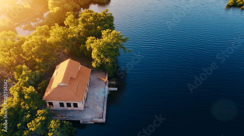 distant aerial photography of a large Abandoned Building that is in the sarrounded by water. photo