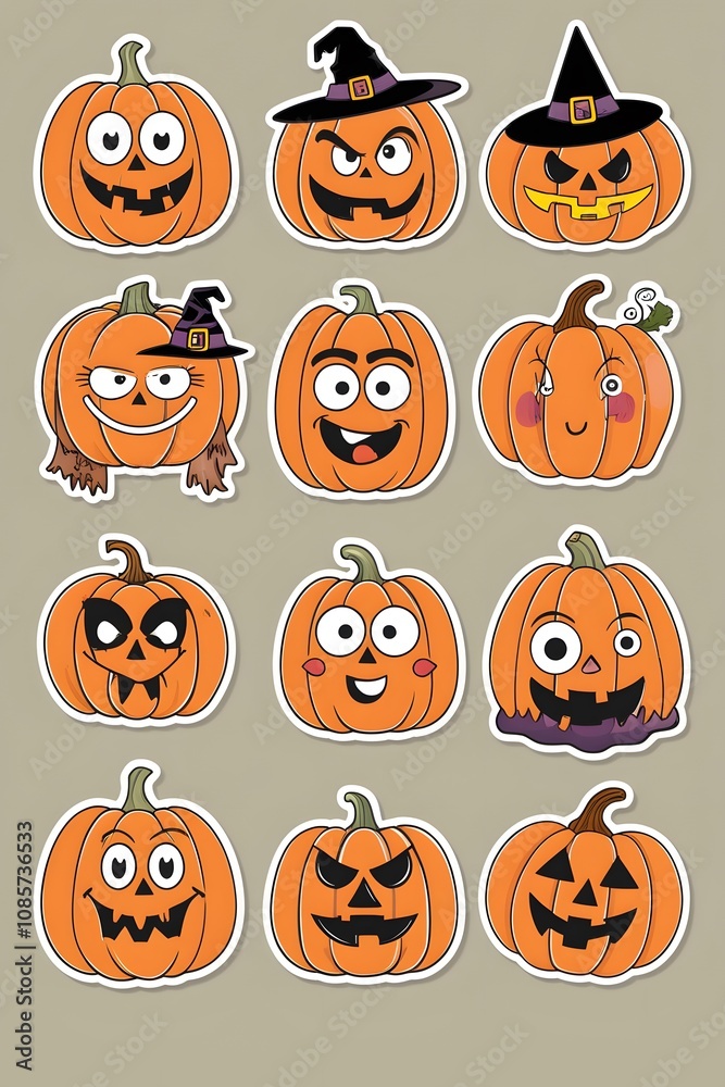 Fototapeta premium A Collection of Twelve Whimsical Halloween Pumpkins: Spooky and Cute Jack-o'-Lantern Stickers for Autumn Festivities
