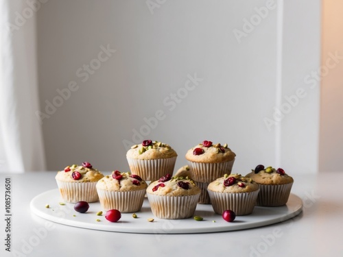 Gourmet holiday muffins with pistachios and cranberries for festive desserts. photo