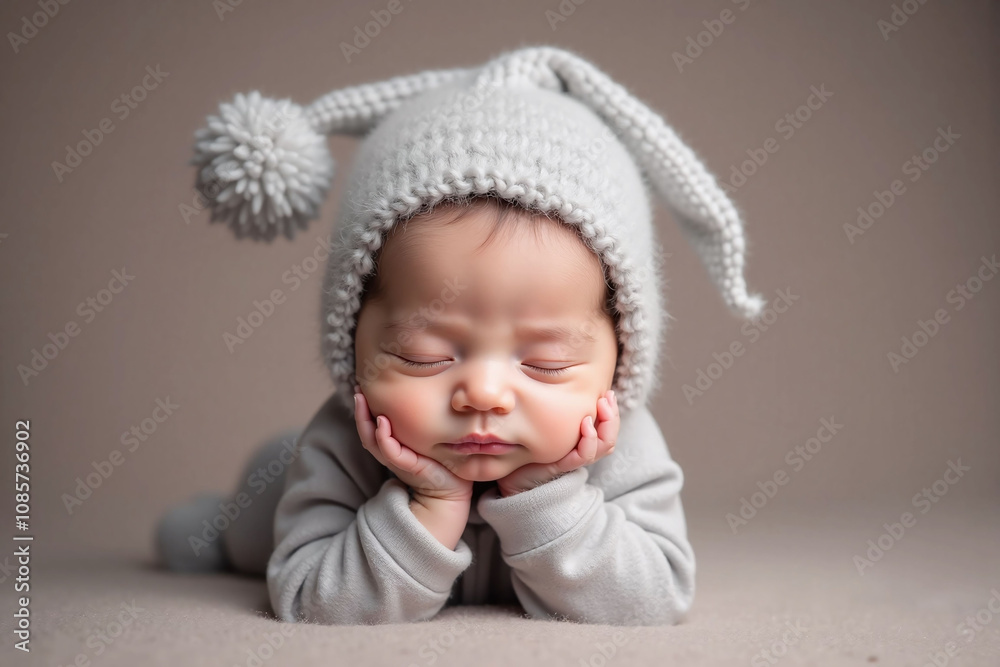 Baby newborn sleep gray fuzzy onesie Santa hat tiny hands Baby newborn sleep gray fuzzy onesie Santa hat tiny hands