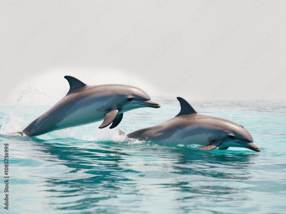 Fototapeta premium Two Synchronized Dolphins Swimming in Crystal Clear Tropical Waters Love and Harmony in Nature.