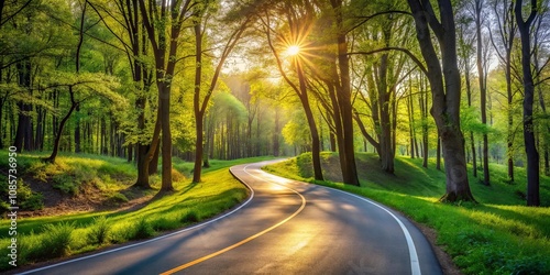 Sunlit Winding Road Through Lush Green Spring Forest