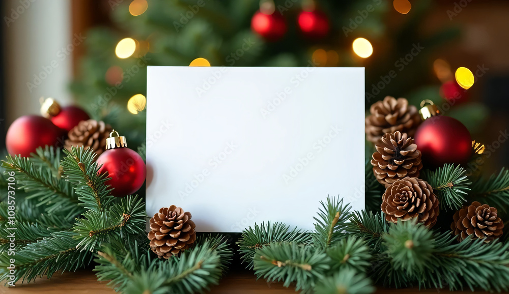 A blank white card among pine branches and Christmas decorations during the festive holiday season A blank white card among pine branches and Christmas decorations during the festive holiday season