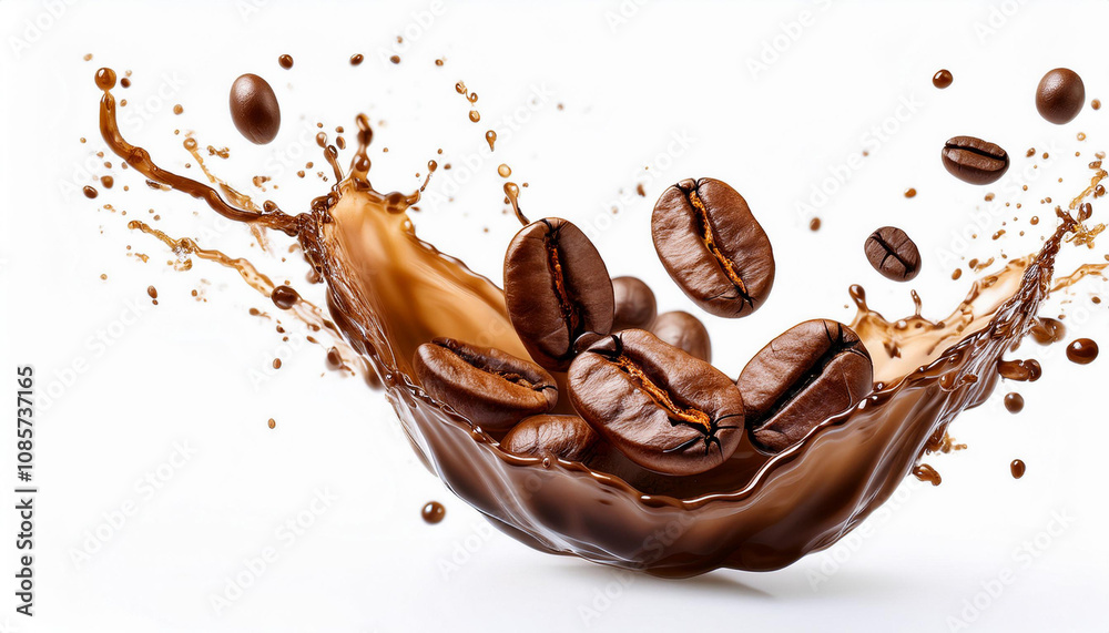 Fototapeta premium Coffee Splash with Coffee Beans Isolated on White